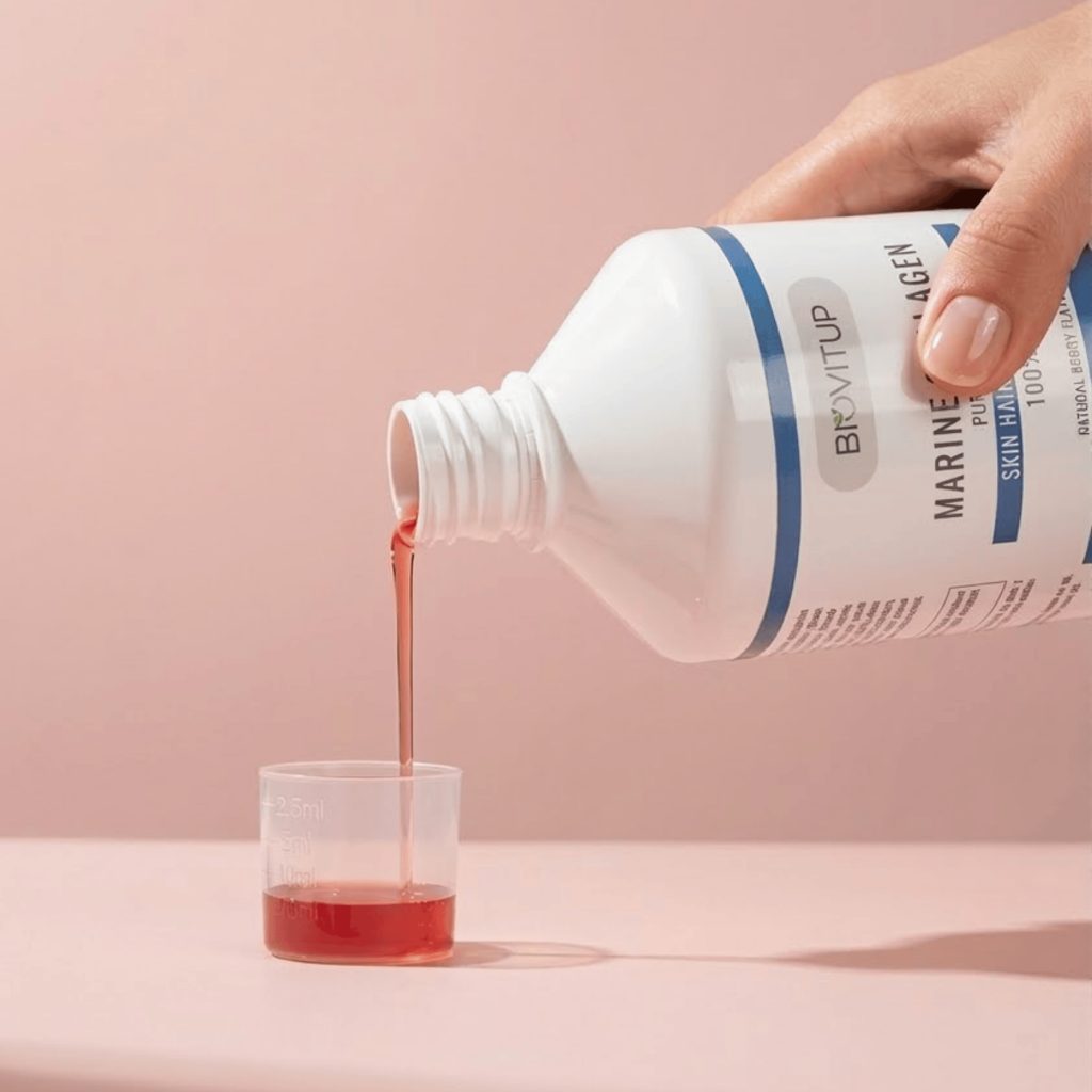 Biovitup skystas jūrinis kolagenas 10000 mg pilamas į matavimo indelį