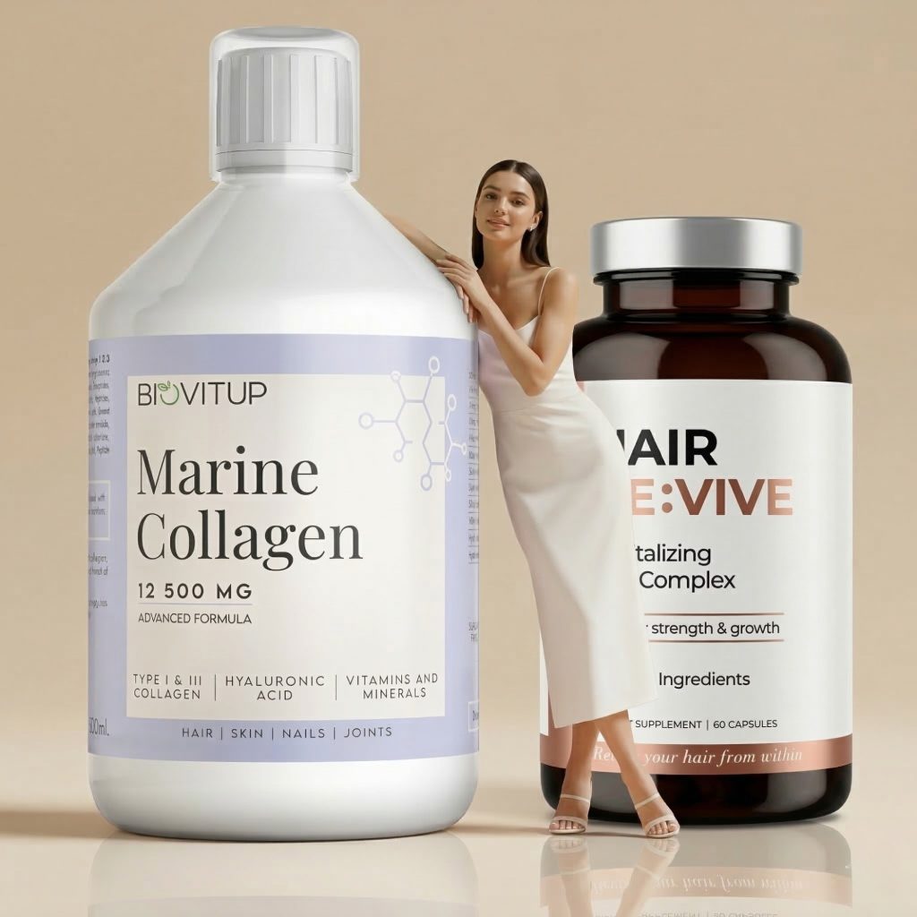 Biovitup kolagenas 12500 mg ir Hair Re:Vive vitaminai plaukams odai plaukams ir nagams
