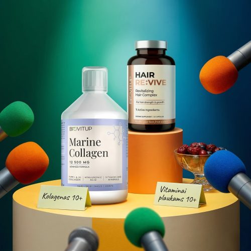 Biovitup kolagenas 12500 mg ir vitaminai plaukams Hair Re:Vive odai plaukams ir nagams