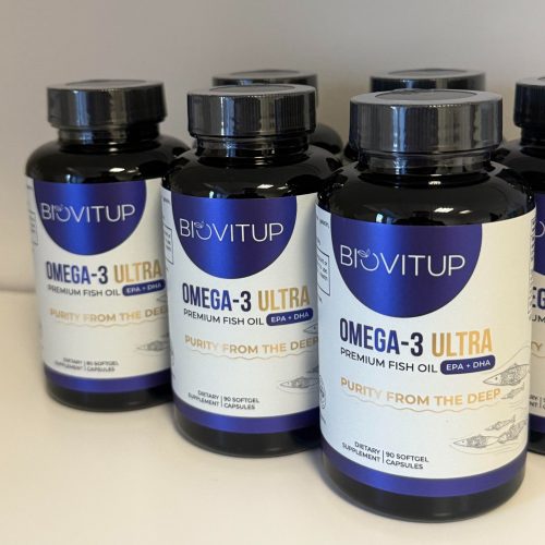 Biovitup Omega-3 Ultra pakuotė ir buteliukas, premium žuvų taukai