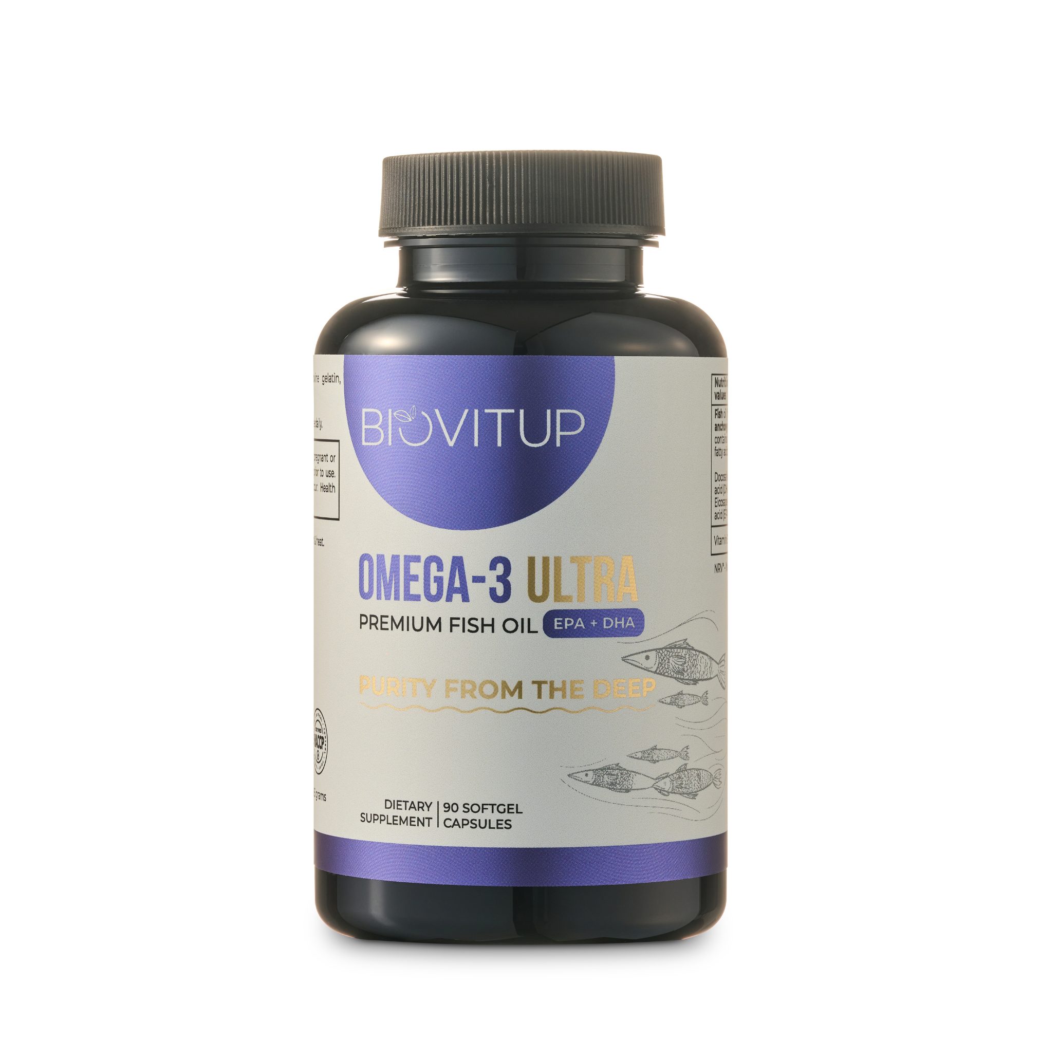 Omega-3 papildai – žuvų taukai iš ančiuvių, EPA, DHA, vitaminas E, Biovitup kapsulės