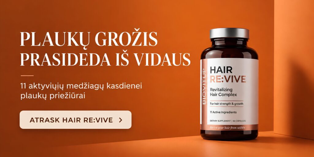 Biovitup Hair Re:Vive vitaminai plaukams su 11 aktyviųjų medžiagų plaukų stiprinimui ir kasdienei plaukų priežiūrai